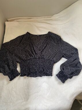 SHEIN Black White Polka Dot Smocked Crop Blouse